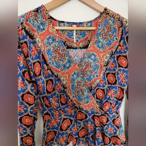 🕔 NWOT | Free People | Falling For You | Paisley Surplice Peplum | Blu/Orng | XS - Picture 6 of 7